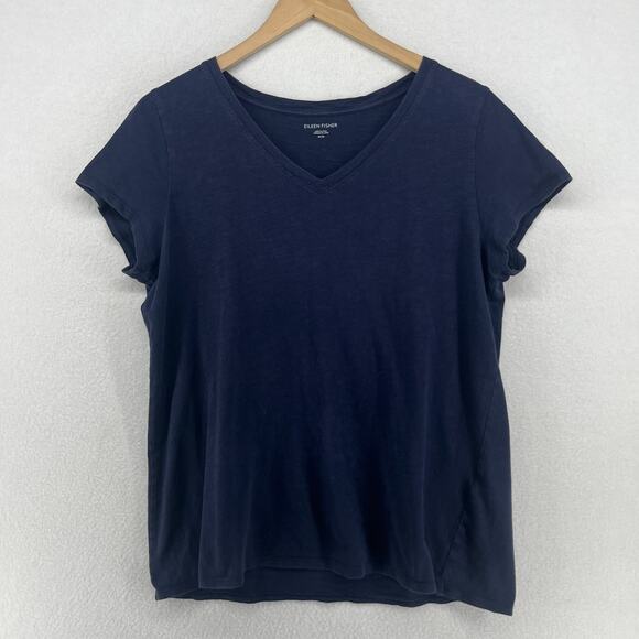 Eileen Fisher Tops - EILEEN FISHER Top M Slub Organic Cotton Jersey V-Neck Short Sleeve Blue